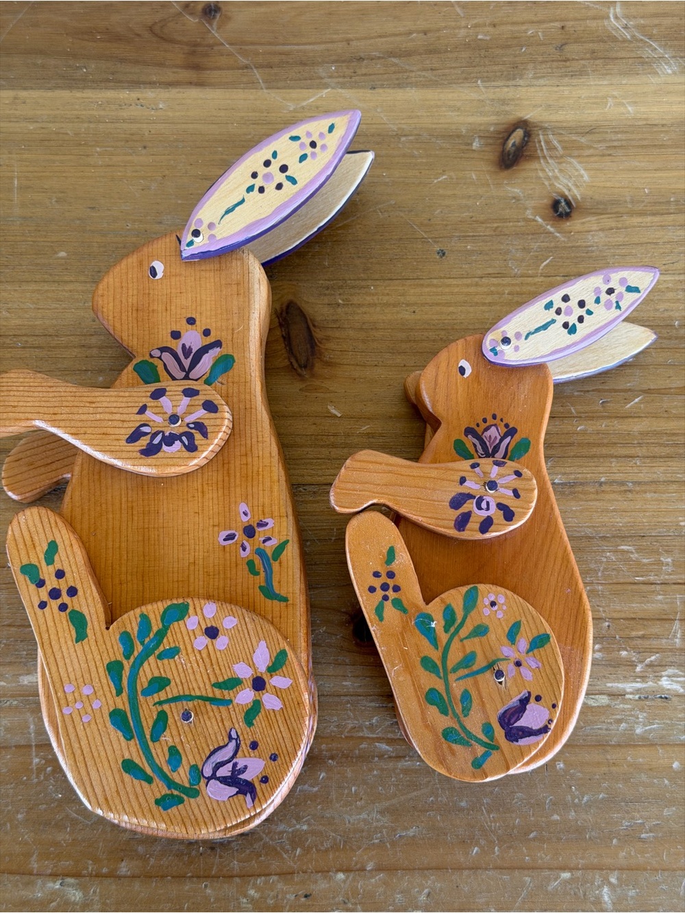 Hand-Painted Wood Bunny Decoration Natural Wood and Pastel Colors